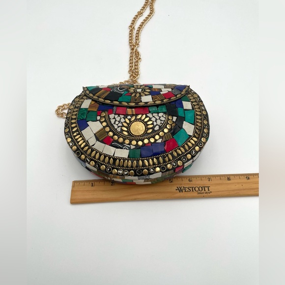 Vtg Himalayan Handmade Tibetan Mosaic Inlay Boho Clutch Evening Bag Multicolor - Picture 7 of 8
